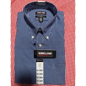 Kirkland Signature Mens Trad Fit Dress Shirt Blue Gingham 16x34/35 Non Iron